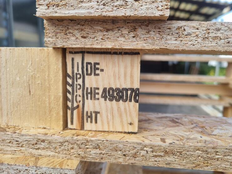 Detailaufnahme eines Holzstücks mit IPPC-Kennzeichnung und Nummer DE-HE 493078 HT auf einer Holzpalette.