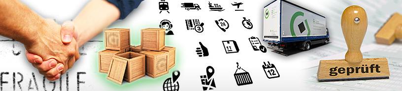 Händedruck zwischen zwei Personen, umgeben von Transportsymbolen, Holzboxen, einem Lkw und einem Prüfungsstempel.